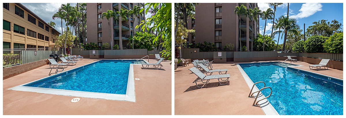The outside pool area of the vacation rental. The pool is bright blue and the floor is tan around it. There are lounge chairs and buildings surrounding the pool.