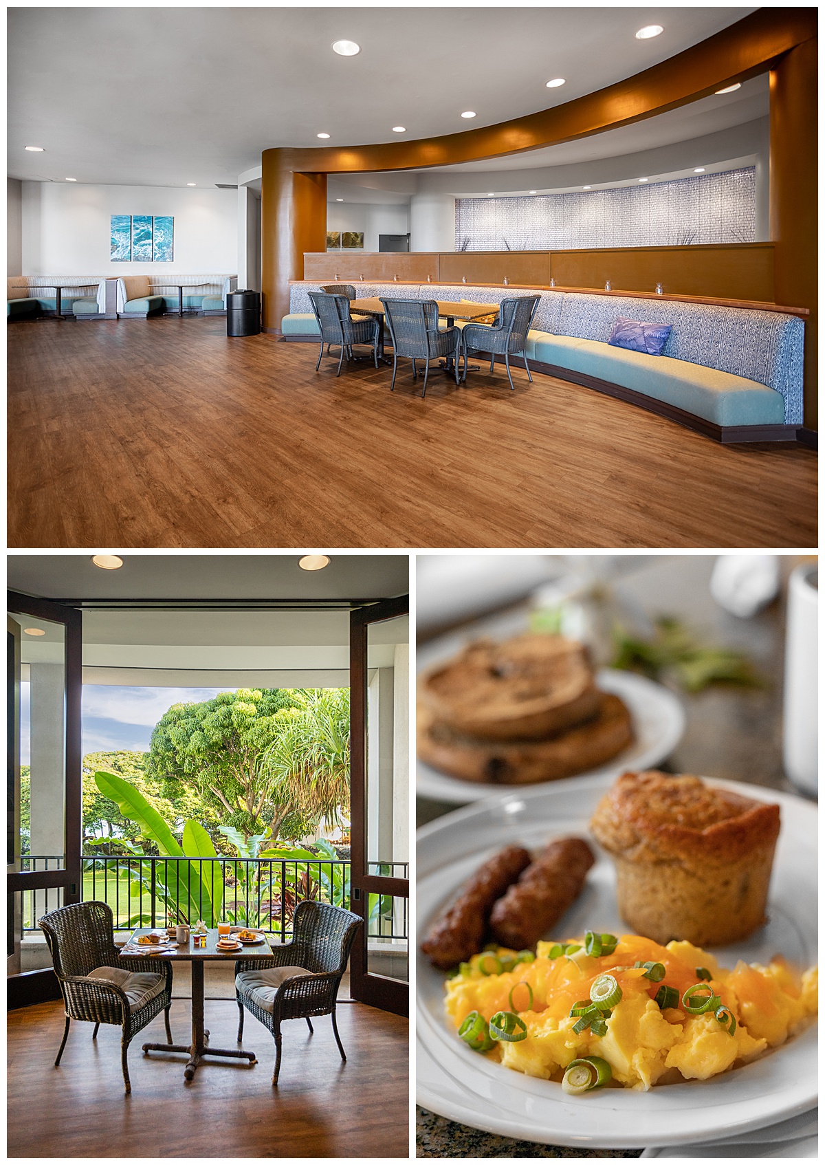 The Voyager 47 lounge at the Outrigger Kona Resort. There is a buffet with snacks, and tables and booths to sit and eat.