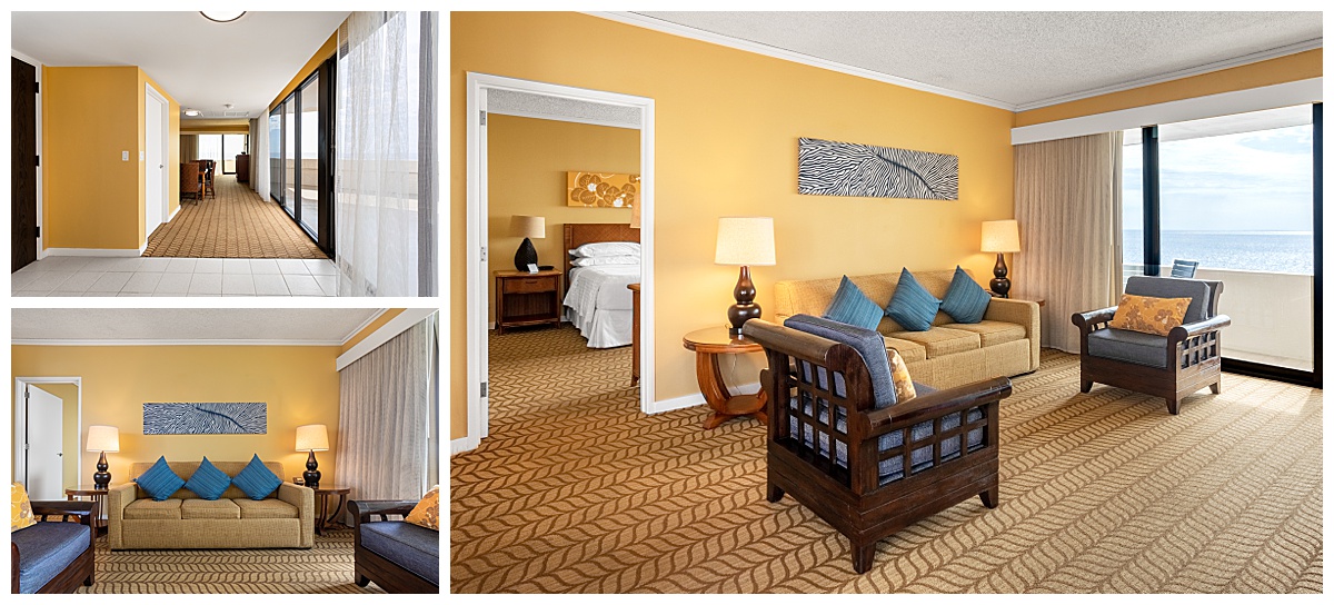The Deluxe Oceanfront Suite. The rooms have yellow walls and brown textured carpet. The accessories and features are yellow, teal, and brown. Photos of the living room and couch.