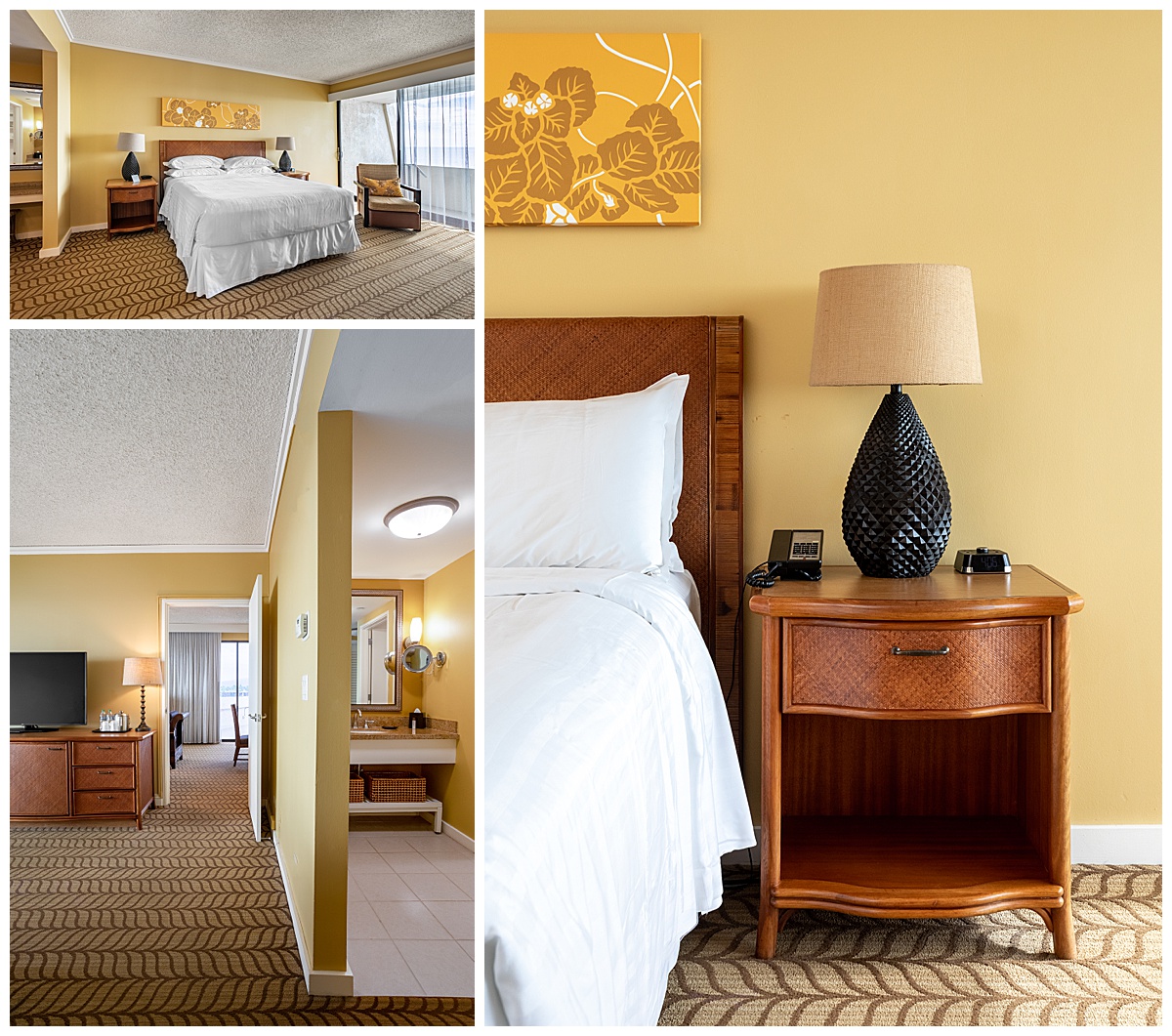 The Deluxe Oceanfront Suite. The rooms have yellow walls and brown textured carpet. The accessories and features are yellow, teal, and brown. Photos of the bedroom.