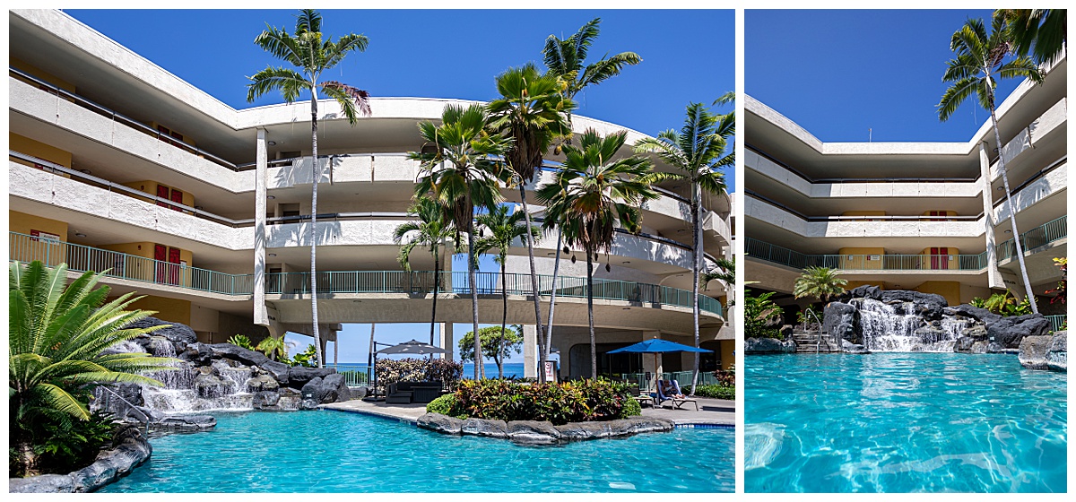 View of the Outrigger Kona Resort & Spa from inside the adults only pool. The rock and waterfall feature is in the corner of the pool.