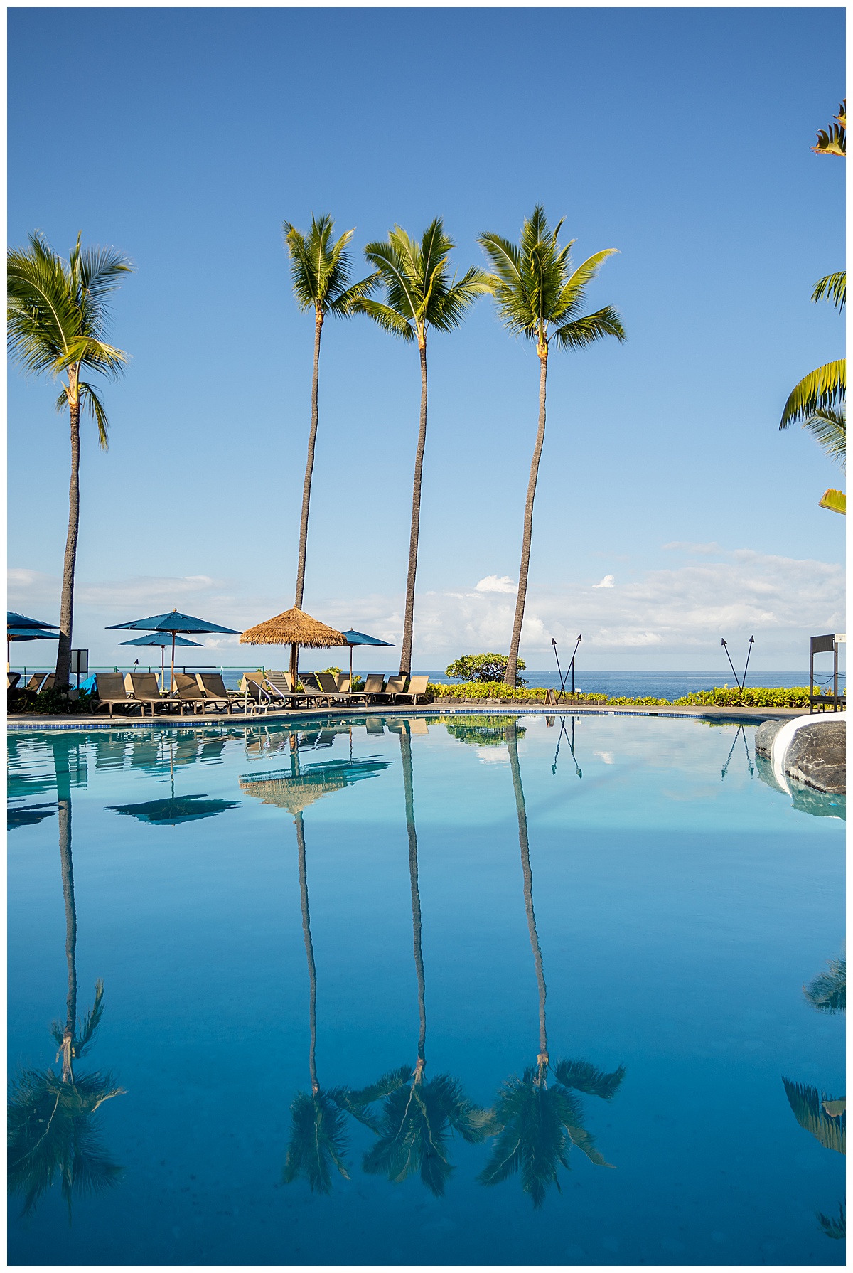 The larger of the two pools at the Outrigger Kona Resort. This pool is surrounded by palm trees and is oceanfront.
