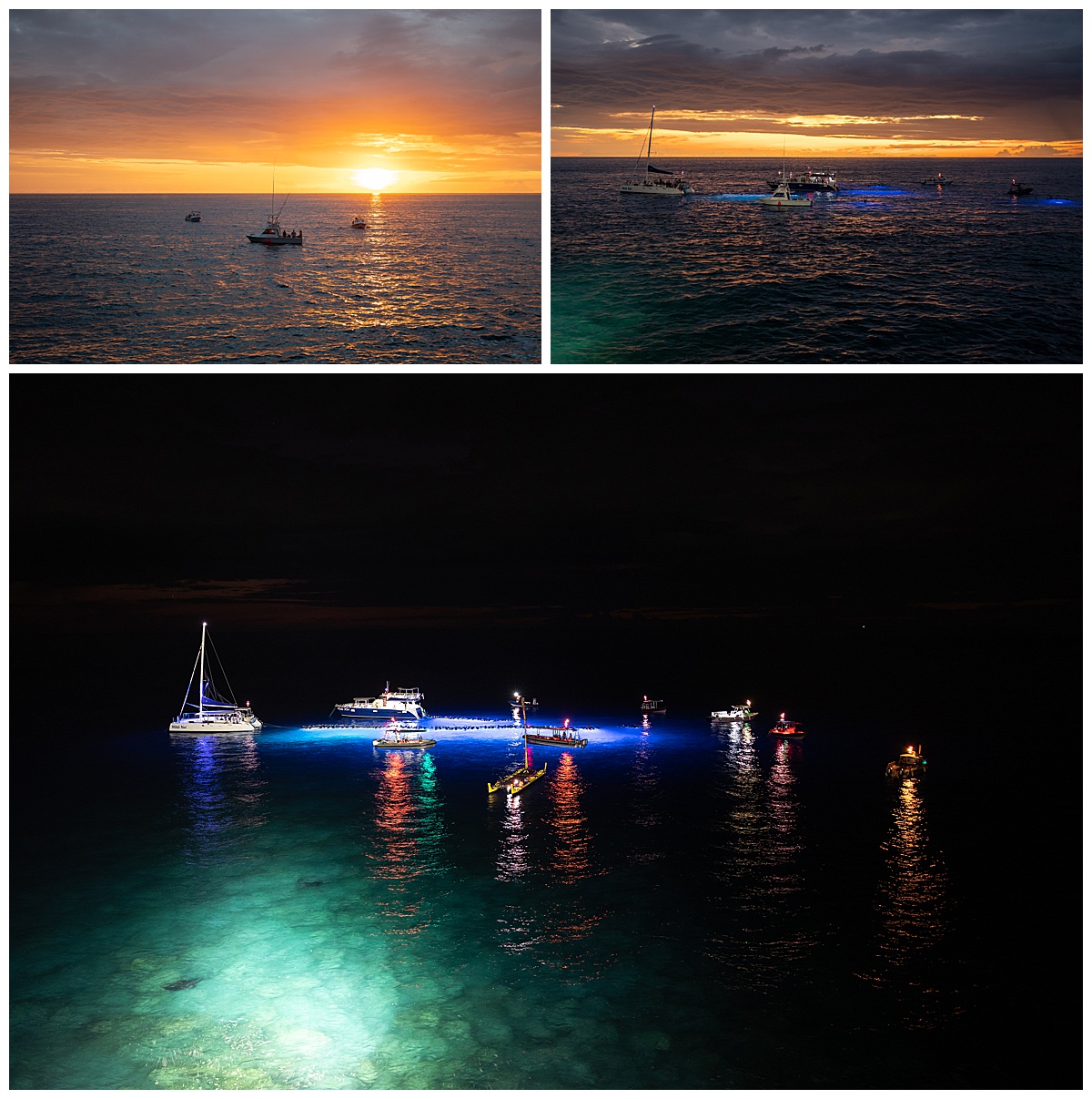 Sunset photos over the ocean. There are boats on the water for the manta ray viewings. The water is dark and there are lights in the water to see the manta rays.