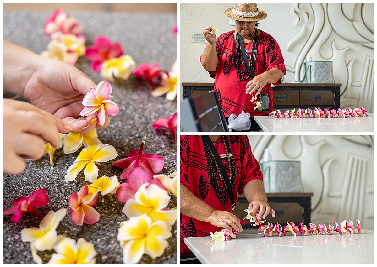 A lei making cultural activity at the Outrigger Kona Resort & Spa. Close ups of the teacher threading the flowers for the leis. The lei flowers are yellow and white flowers with hints of white.