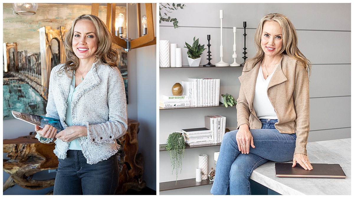 A woman poses showcasing her love of interior design. In one photo, she is wearing a gray jacket, and she stands in front of a painting of a bridge and a wooden sculpture. In the other photos, she is wearing a tan jacket and jeans, and she's sitting on a desk with shelves of white books behind her.