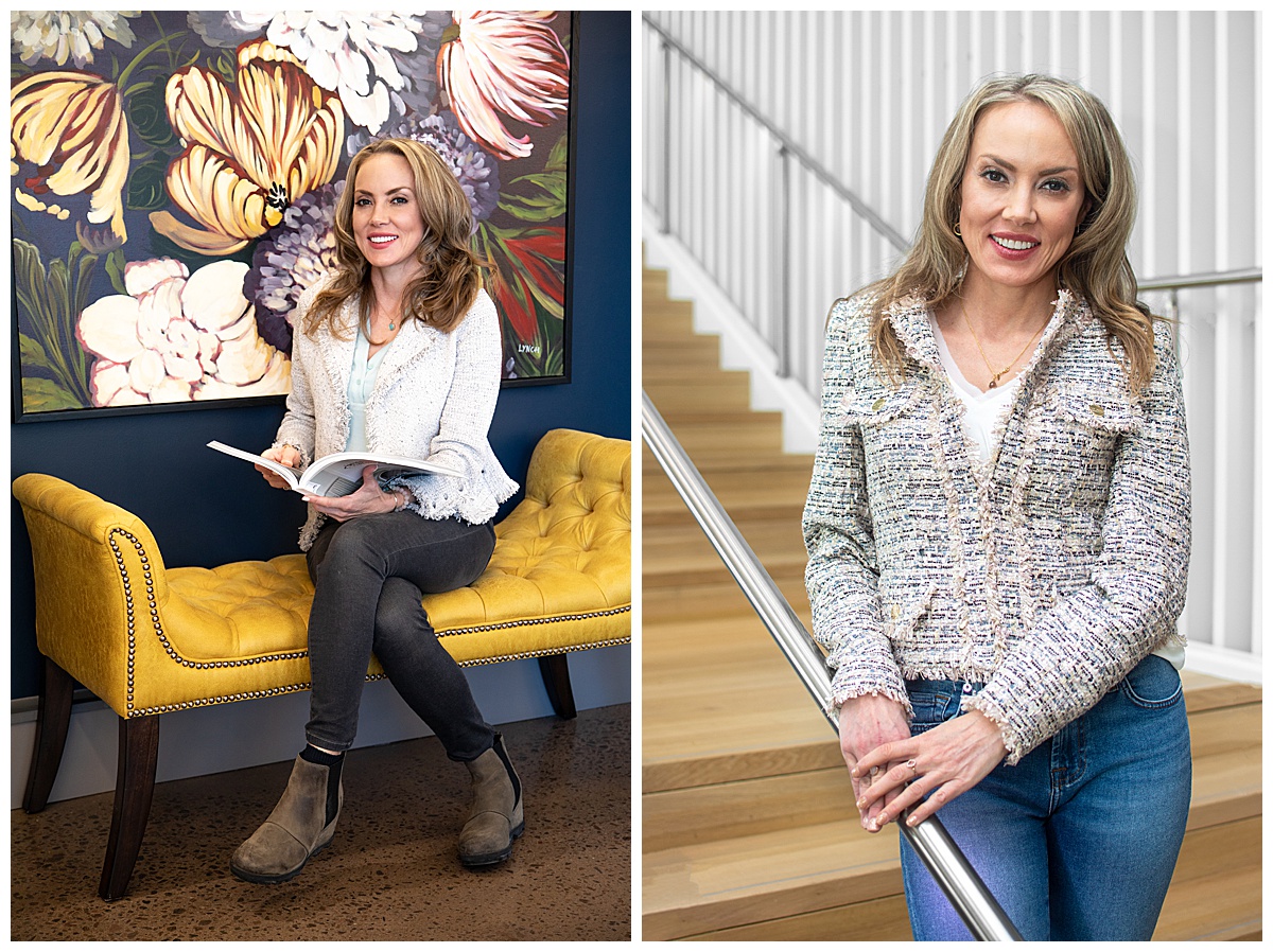 A woman poses showcasing her love of interior design. She is wearing a gray jacket and jeans. In one photo, she is sitting on a yellow tufted bench reading a book in front of a blue wall and large painting of flowers. In the other photo, she is coming down the stairs, holding onto the railing. The wall is white vertical boards and the floor is light wood.