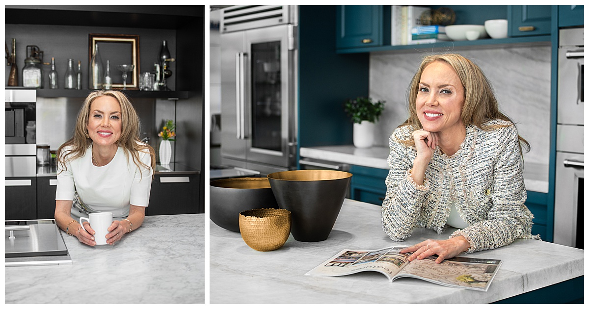 A woman stands in several kitchens showcasing her interior design. She wears white and is drinking from a mug and reading a magazine. One kitchen is mostly black with stainless steel appliances, and the other one has teal cabinets and a white marble backsplash.