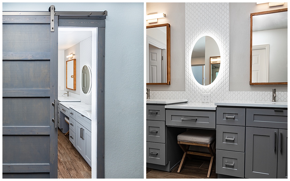 Photos of a dual vanities in a bathroom. There is a sliding gray barn door to enter the room. The vanities are gray with white countertops. The backsplash is white tile and there is lots of light in the room.