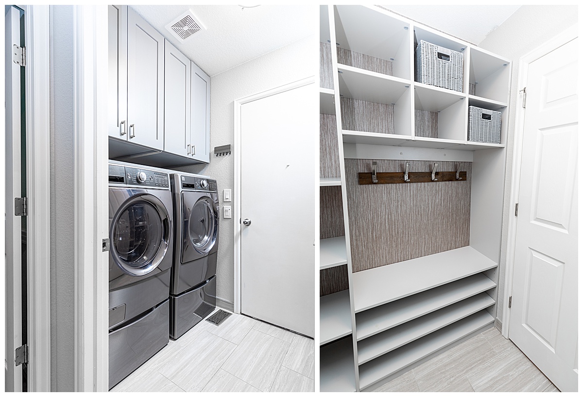Photos showing the laundry room/mud room combo. The space has white walls and the mudroom part has built in shelves with a textured brown backing.