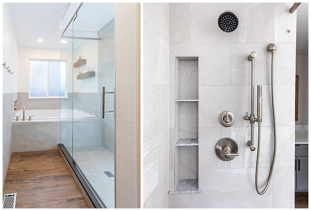 Photos of a bathroom with white marble tile all around it. One photo is of a large white tub with a window above it. The other photo is a close up of the shower head and controls.