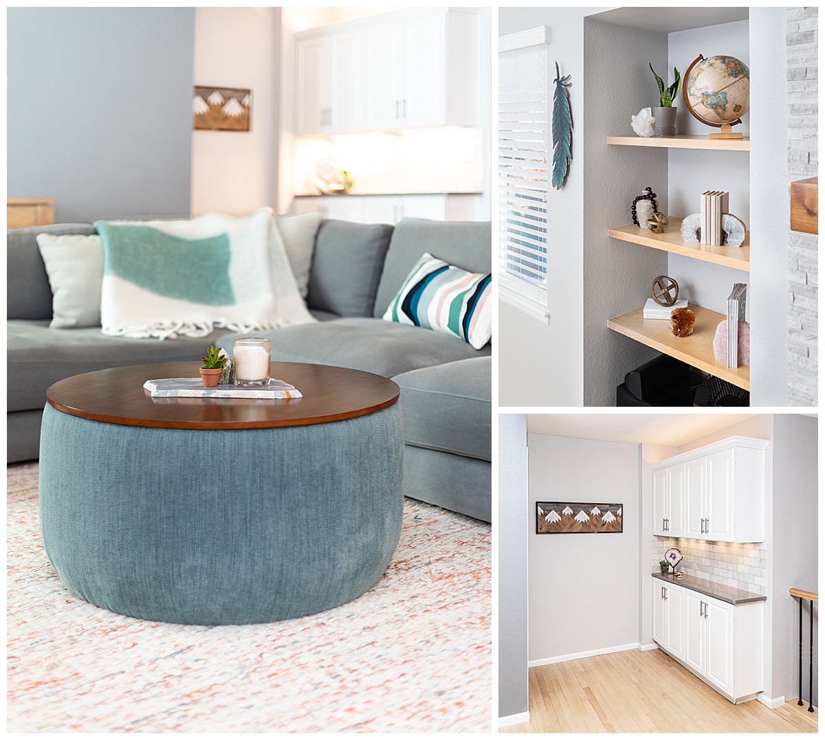 Close ups of interior design details. A teal fabric coffee table with a wooden top. A. built in shelving unit with knick knacks on it. A mini countertop area with white cabinets and white tile backsplash.
